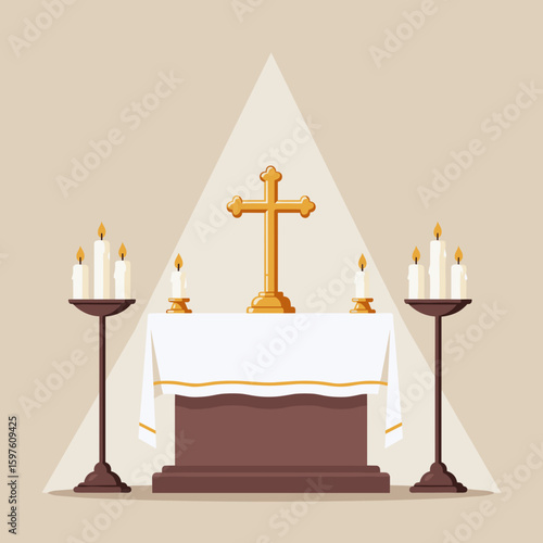 Traditional altar with tall candles and golden cross, peaceful sacred scene, soft warm lighting, flat vector illustration, warm tones 