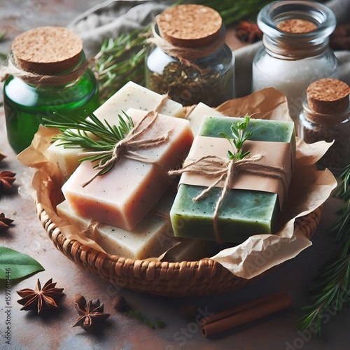 Various spices and herbs arranged on a festive holiday table setting