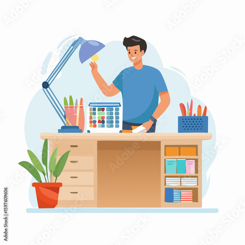 Flat vector illustration of a person shopping for office stationery items online or at a store, choosing pens, paper, and office tools