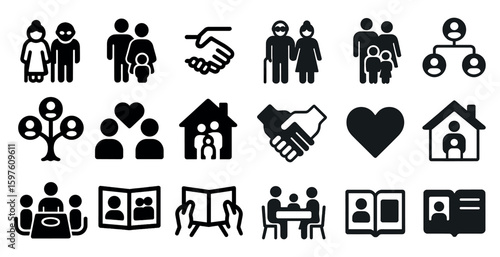 Family and community solid icons set – filled, silhouette, people and relationship symbols