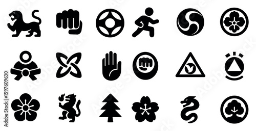 Martial arts solid icons set – silhouette, filled, kung fu and self-defense symbols