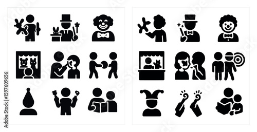 Magic show silhouette icons set – solid, filled, magician and performance symbols