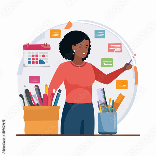 Flat vector illustration of a person shopping for office stationery items online or at a store, choosing pens, paper, and office tools