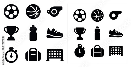 Sports and fitness solid icons set – filled, workout and athletic symbols
