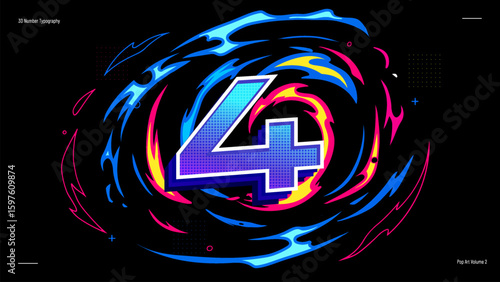3D Number Four Typography with Neon Halftone Gradient - Vibrant Pop Art Vector for Posters, Kids Learning and Creative Projects