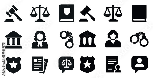 Law and justice solid icons set – silhouette, filled, legal and court symbols