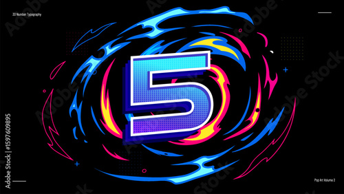 3D Number Five Typography with Neon Halftone Gradient - Vibrant Pop Art Vector for Posters, Kids Learning and Creative Projects