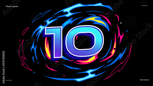 3D Number Ten Typography with Neon Halftone Gradient - Vibrant Pop Art Vector for Posters, Kids Learning and Creative Projects