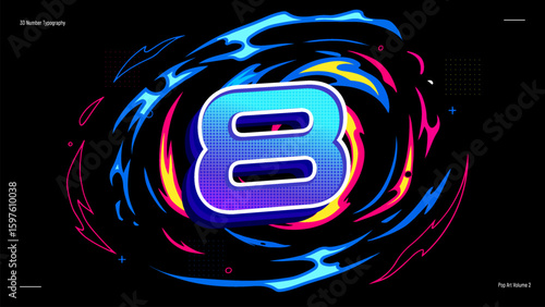 3D Number Eight Typography with Neon Halftone Gradient - Vibrant Pop Art Vector for Posters, Kids Learning and Creative Projects