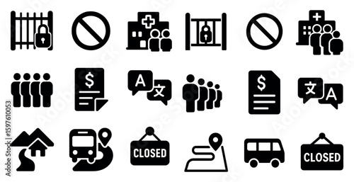 Prison and legal solid icons set – filled, justice and detention symbols