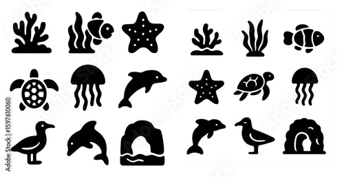Marine life icons set – solid, silhouette, ocean and sea animal symbols