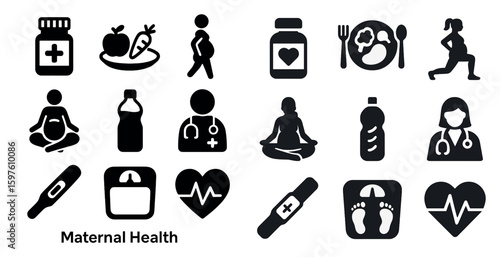 Maternal health solid icons set – silhouette, wellness, prenatal care symbols