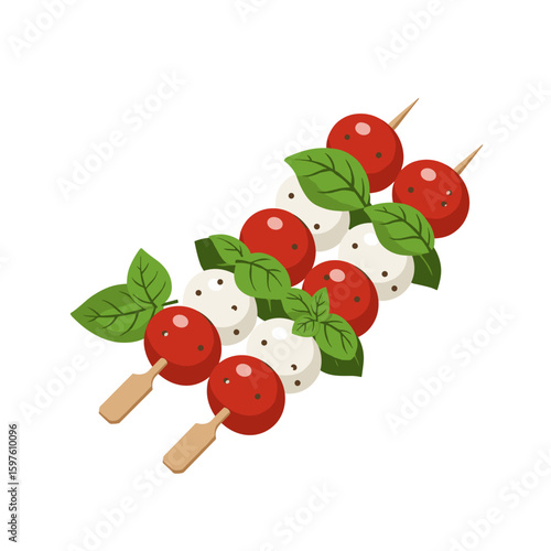 Caprese skewers with cherry tomatoes, mozzarella balls, and fresh basil leaves on wooden sticks, clean lines, realistic color palette, flat vector illustration