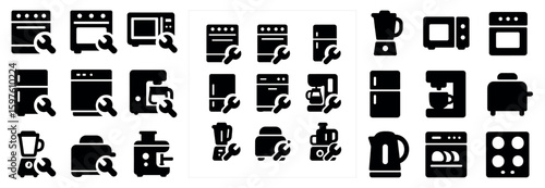Home appliance solid icons set - kitchen, repair, household symbols