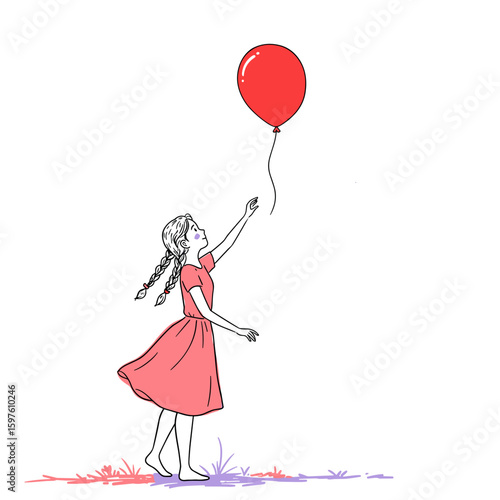 Girl releasing balloon into sky, minimalist black and white line drawing with bright red and soft lilac accents on white background