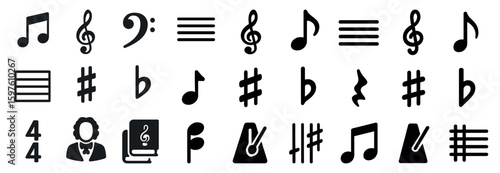 Music symbols solid icons set – filled, flat, notes and sheet music graphics