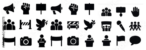 Protest and activism solid icons set – filled, demonstration and rally symbols