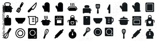 Kitchen essentials silhouette icons set – cooking, culinary, chef symbols
