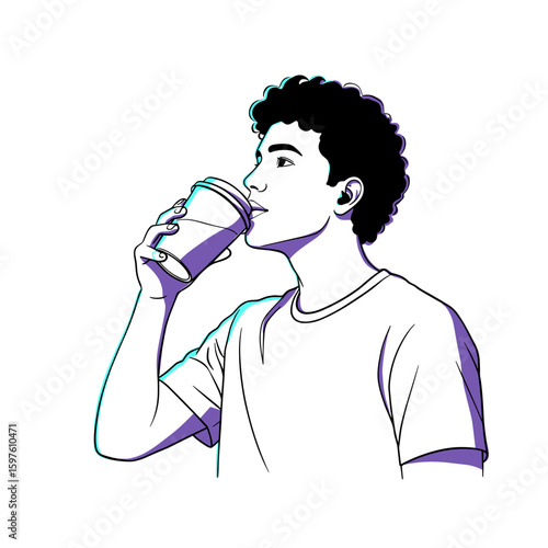 Young man with dark curly hair sipping from a cup, peaceful and relaxed, minimalist black and white line illustration with bright turquoise and violet accents, vector style on white background