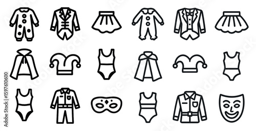 Theater and fashion outline icons set – linear, costume, performance elements