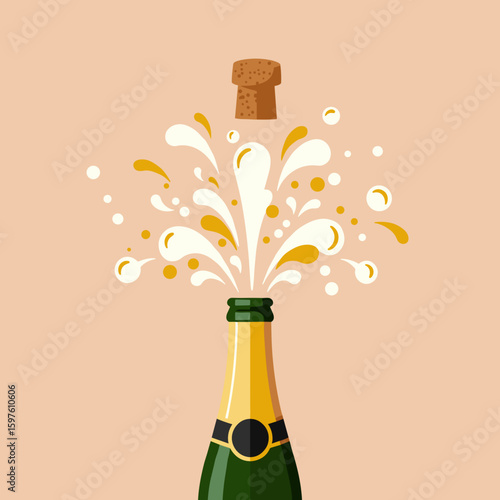Champagne bottle popping with cork flying and bubbly spray vector illustration, festive mood, flat style with golden highlights on pastel background 