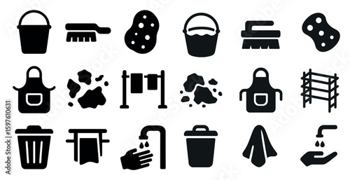 Cleaning tools solid icons set – household, hygiene, sanitation symbols