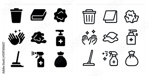 Cleaning and hygiene flat icons set – solid, filled, sanitation and disinfecting symbols