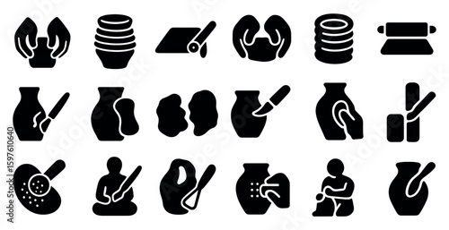 Pottery and ceramics solid icons set – filled, art, craft and sculpting symbols