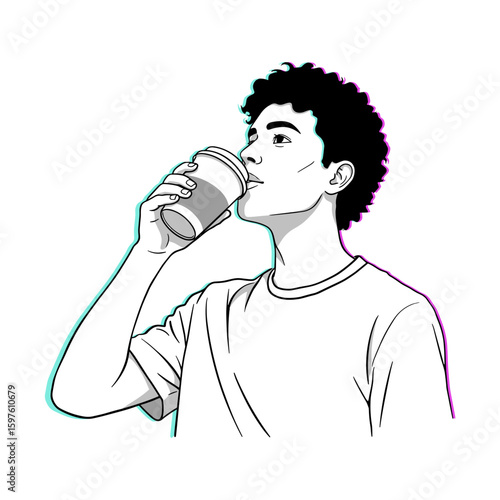 Young man with dark curly hair sipping from a cup, calm and contemplative, minimalist black and white line illustration with turquoise and violet accents, vector style on white background