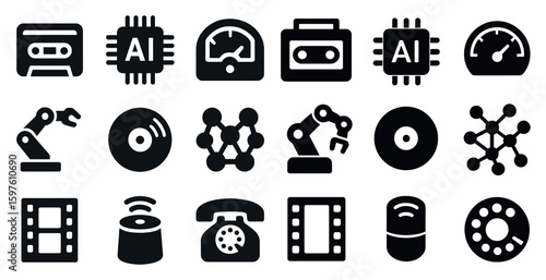 Technology and ai solid icons set – filled, robotics and digital innovation symbols