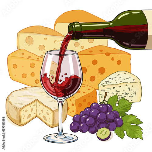 Vector of wine bottle pouring into glass beside cheeses and grapes in bright colors, festive and inviting atmosphere, food and drink celebration concept