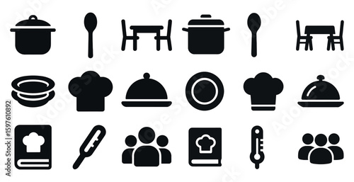 Cooking and dining solid icons set – filled, kitchen, culinary essentials