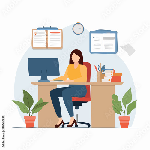 Flat vector illustration of office worker sitting at a desk with stationery items like pens, notebooks, paper clips, and a computer, minimal and clean design