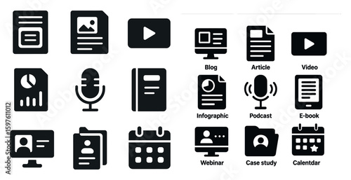 Content marketing solid icons set – outline, filled, digital and media symbols
