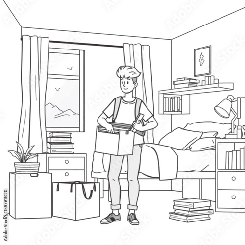 A college student unpacking books in a campus dorm room