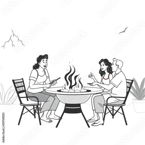 A family clustering around a steaming barbecue on a breezy patio