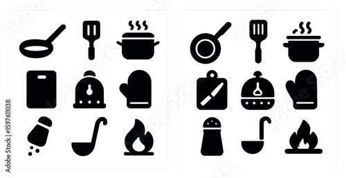 Kitchen tools solid icons set – cooking, silhouette, chef equipment symbols