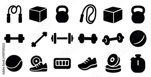 Fitness and gym solid icons set – filled, workout and exercise equipment symbols