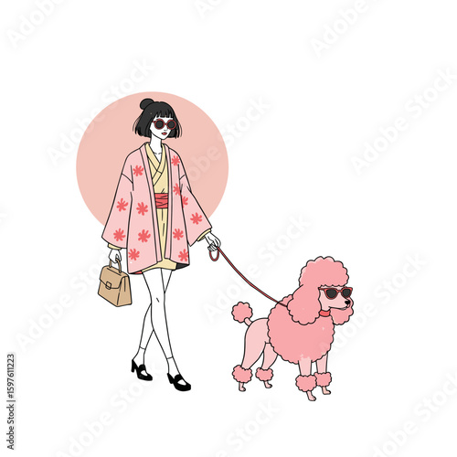 Japanese fashionista walking pink poodle with sunglasses, minimalist black and white line drawing with pastel accents, vector illustration on white background
