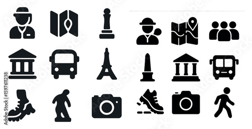 Travel and navigation solid icons set – map, journey, direction symbols
