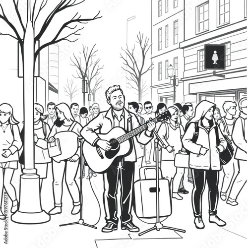 A city busker singing acoustic folk songs during lunchtime rush