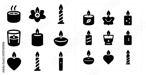 Candle and decor silhouette icons set – solid, filled, wax and home symbols