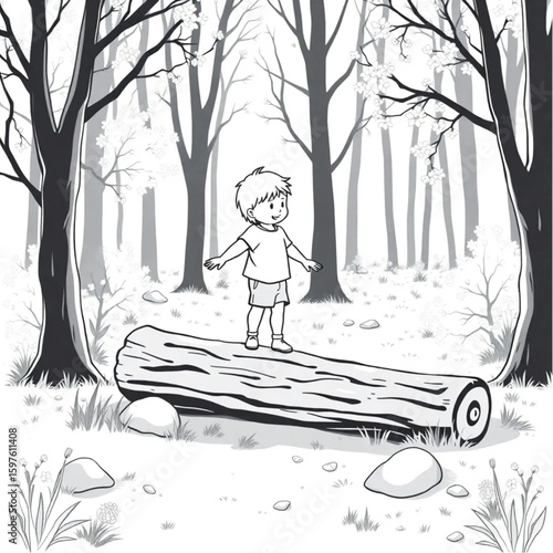 A child balancing on a log in early spring forest