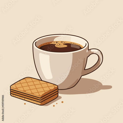 Coffee cup with crispy wafer cookie on the side, vector illustration in flat warm colors and cozy café style