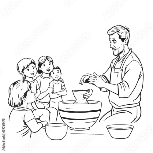 A pottery teacher demonstrating throwing a bowl to attentive students