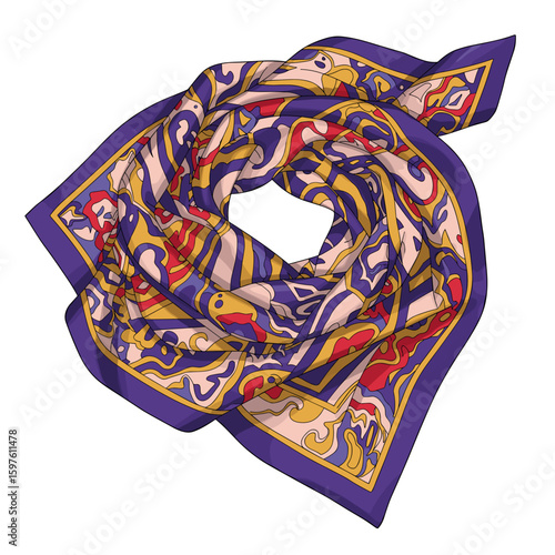 Folded silk scarf stylized vector illustration, vibrant mood, flowing curves with abstract patterns, bright colors and artistic flair, modern fashion design on white background