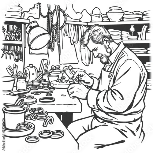 An artisan shaping silver rings at a cluttered jewelers bench