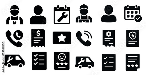 Maintenance and repair solid icons set – filled, tools and service symbols