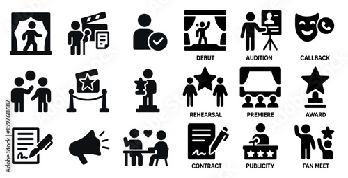 Entertainment industry solid icons set – silhouette, filled, movie and theater graphics