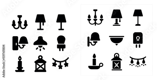 Home lighting silhouette icons set – lamps, chandeliers, and decor symbols